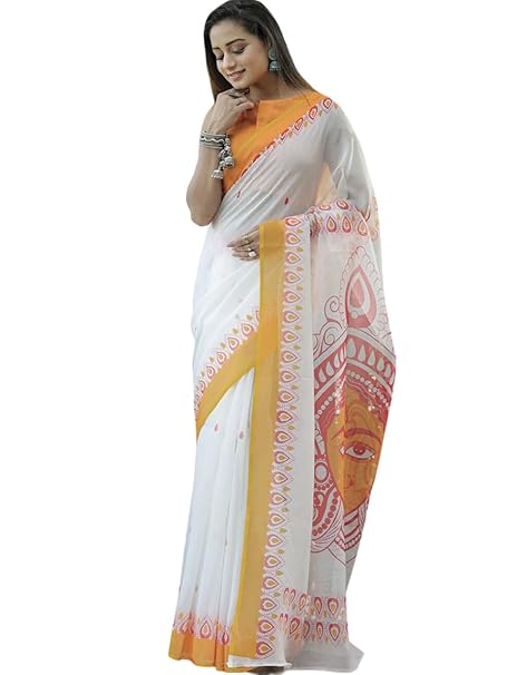 Mulmul Soft Cotton jaipuri Printed Durga Puja Saree